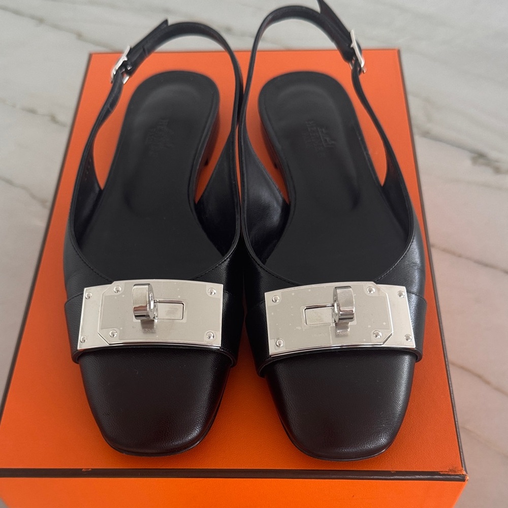 Hermes Black Flats with Silver Accent